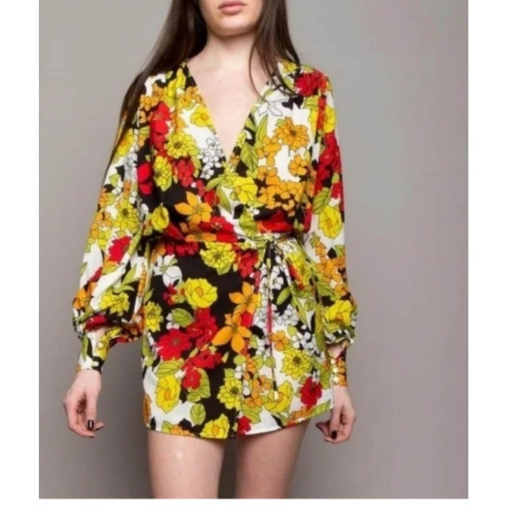 Attico‎ Mini Wrap Dress Vibrant Multicolor Floral Long Cuffed Puff Sleeve SZ S